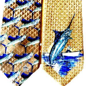 2 VTG Guy Harvey Fishing Silk Tie Marlin Sailfish Marlin Fish Print Yellow USA